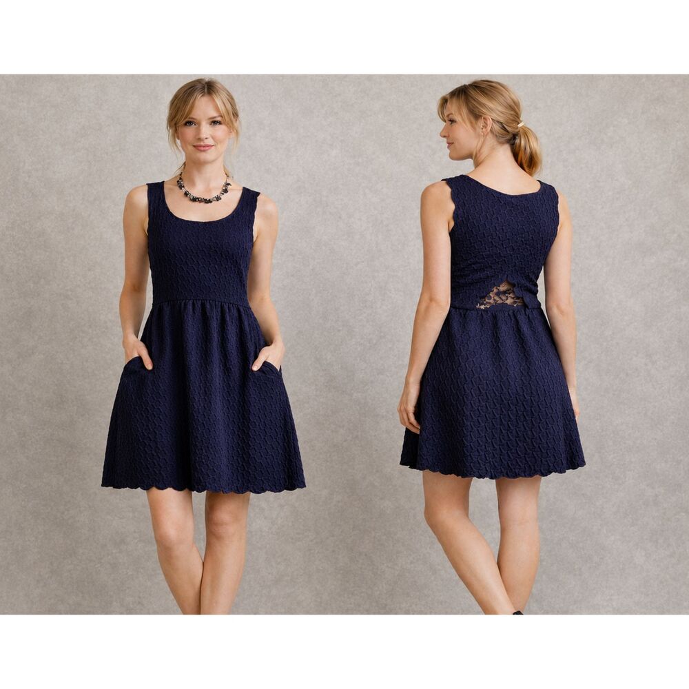 Maeve Anthropologie Navy Textured A-Line Dress Sleeveless Scalloped Lace Back L